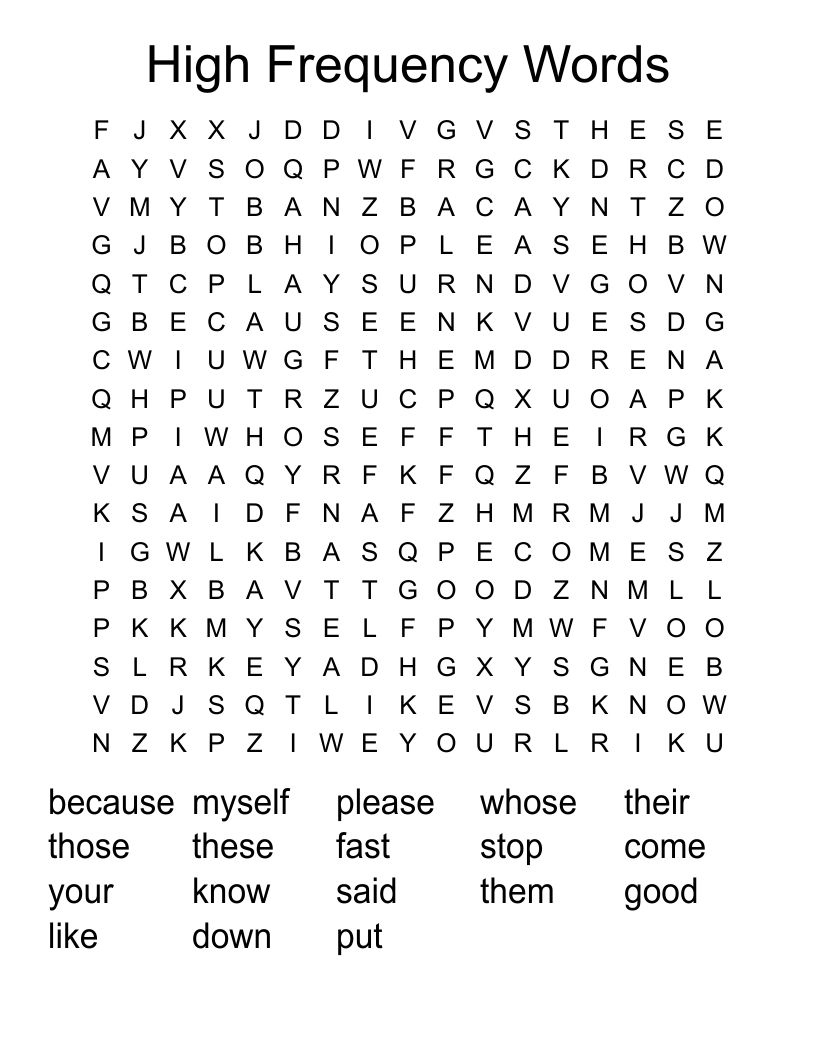 High Frequency Words Word Search