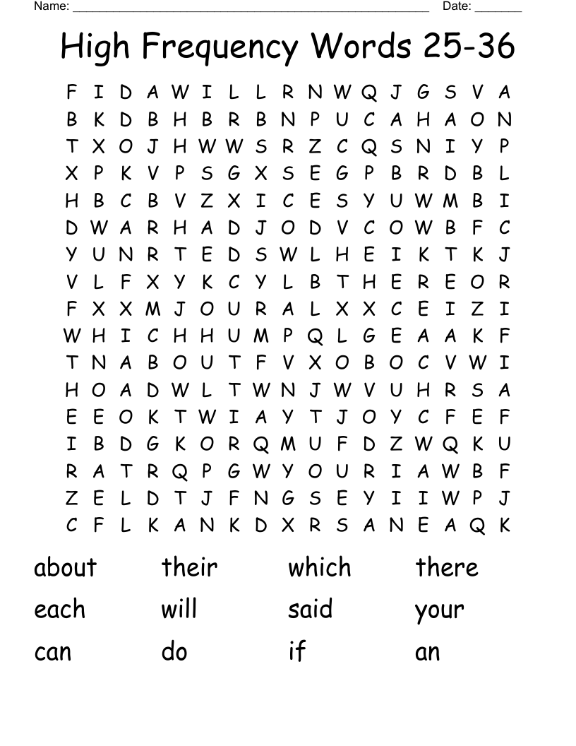 High Frequency Words 25-36 Word Search