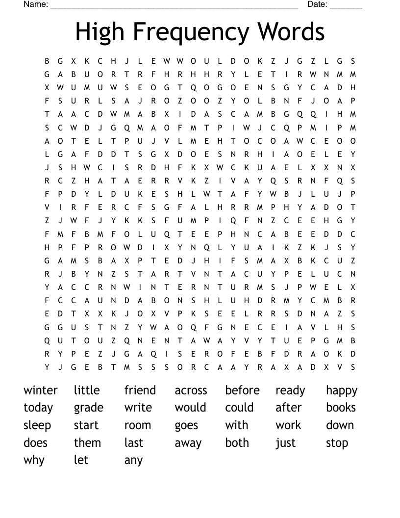 High Frequency Words Word Search