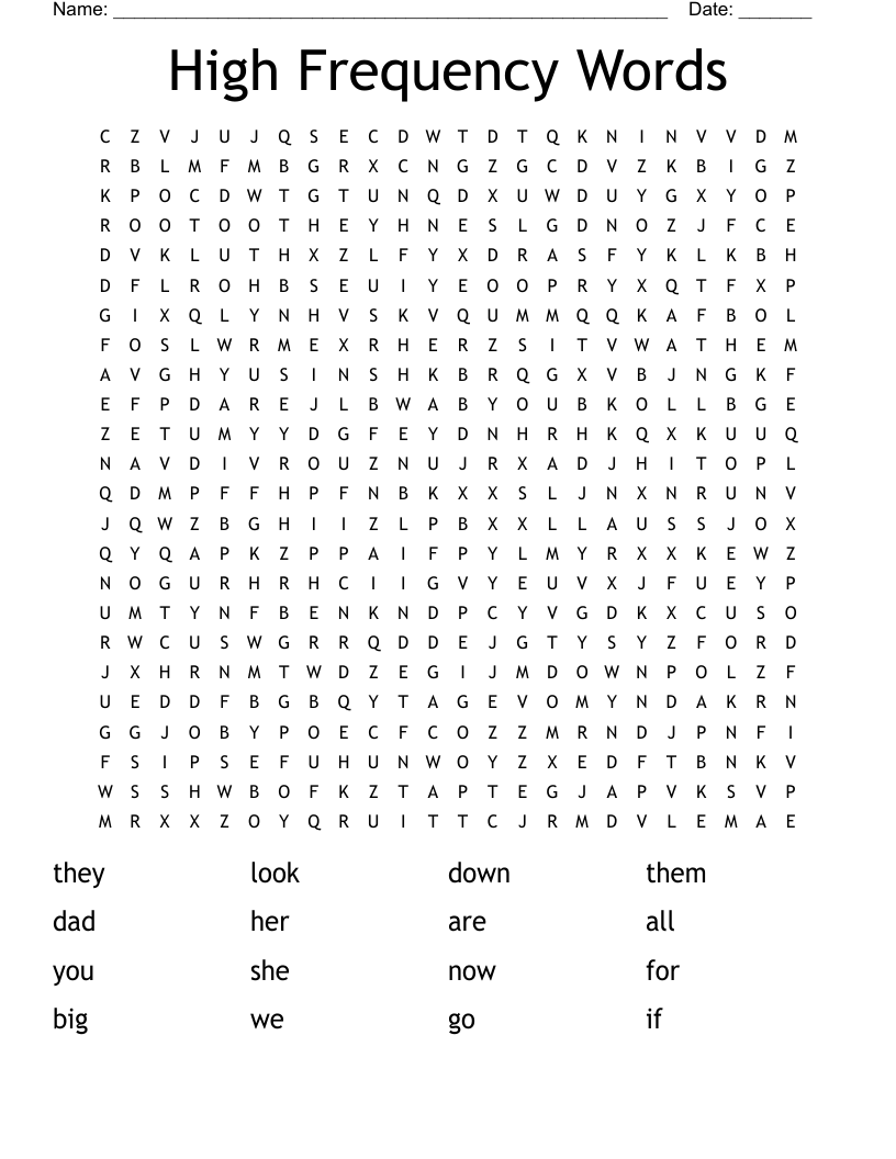 High Frequency Words Word Search