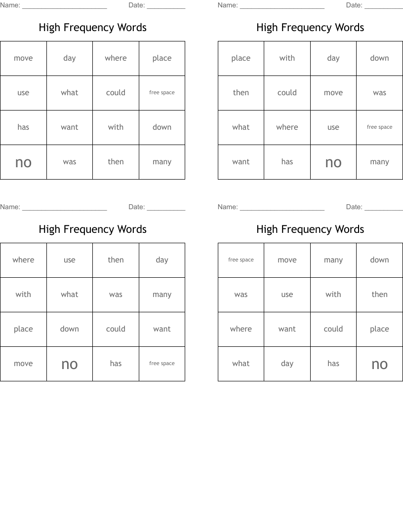 High Frequency Words Bingo Cards