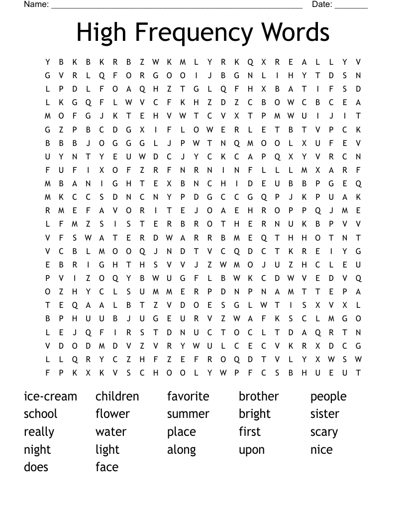 High Frequency Words Word Search