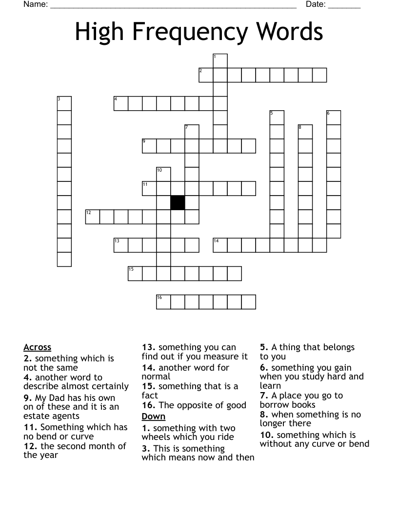 High Frequency Words Crossword