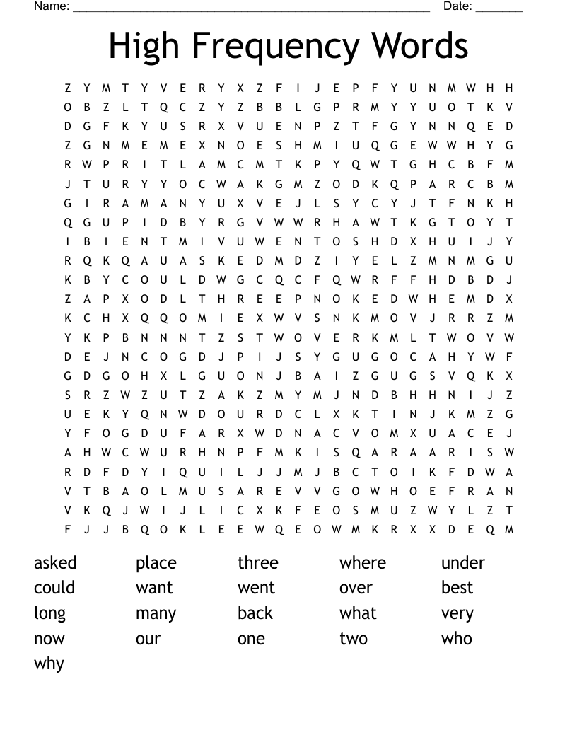 High Frequency Words Word Search
