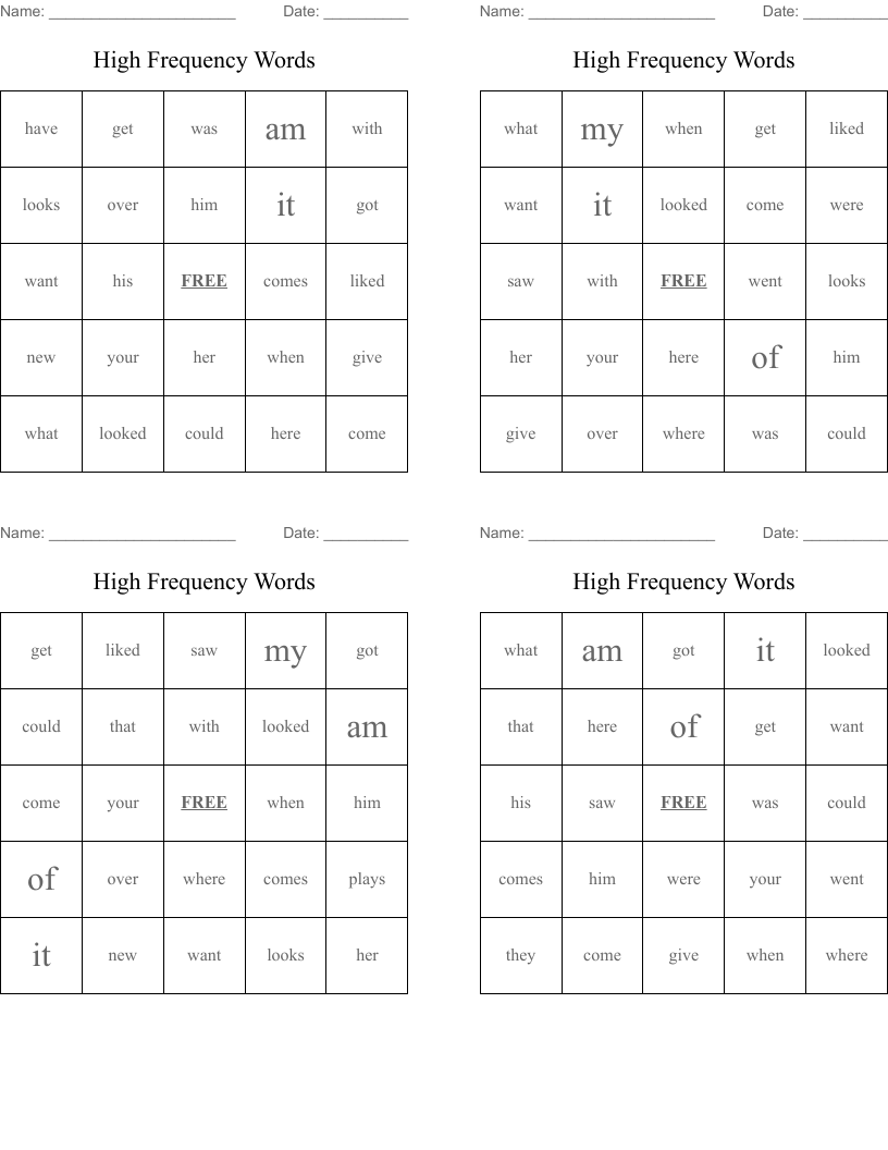 High Frequency Words Bingo Cards