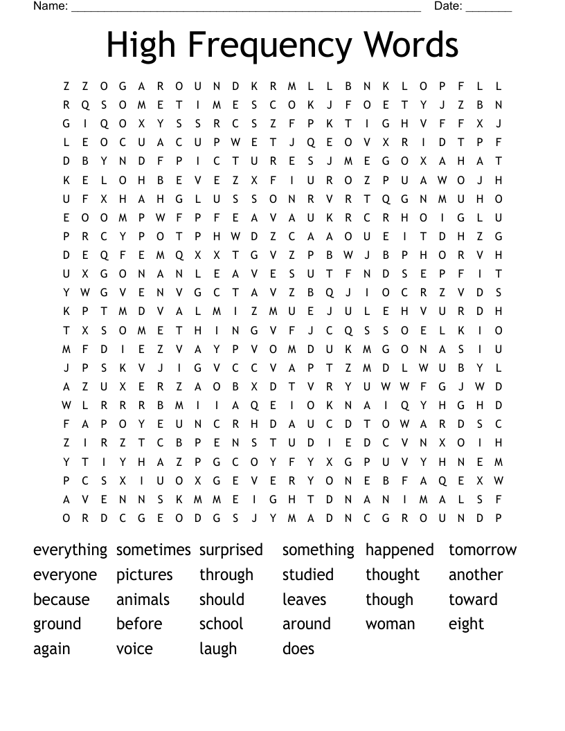 High Frequency Words Word Search