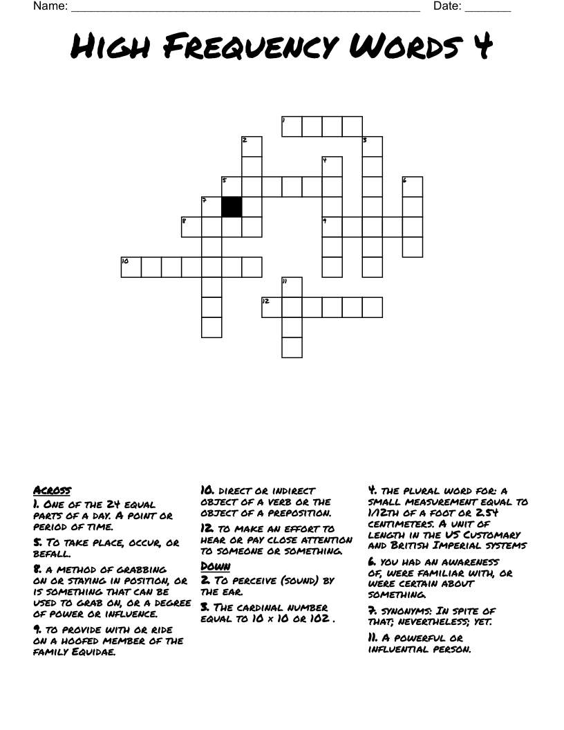 High Frequency Words 4 Crossword