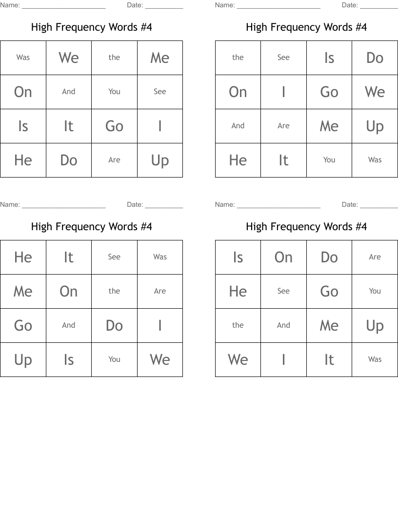 High Frequency Words #4 Bingo Cards