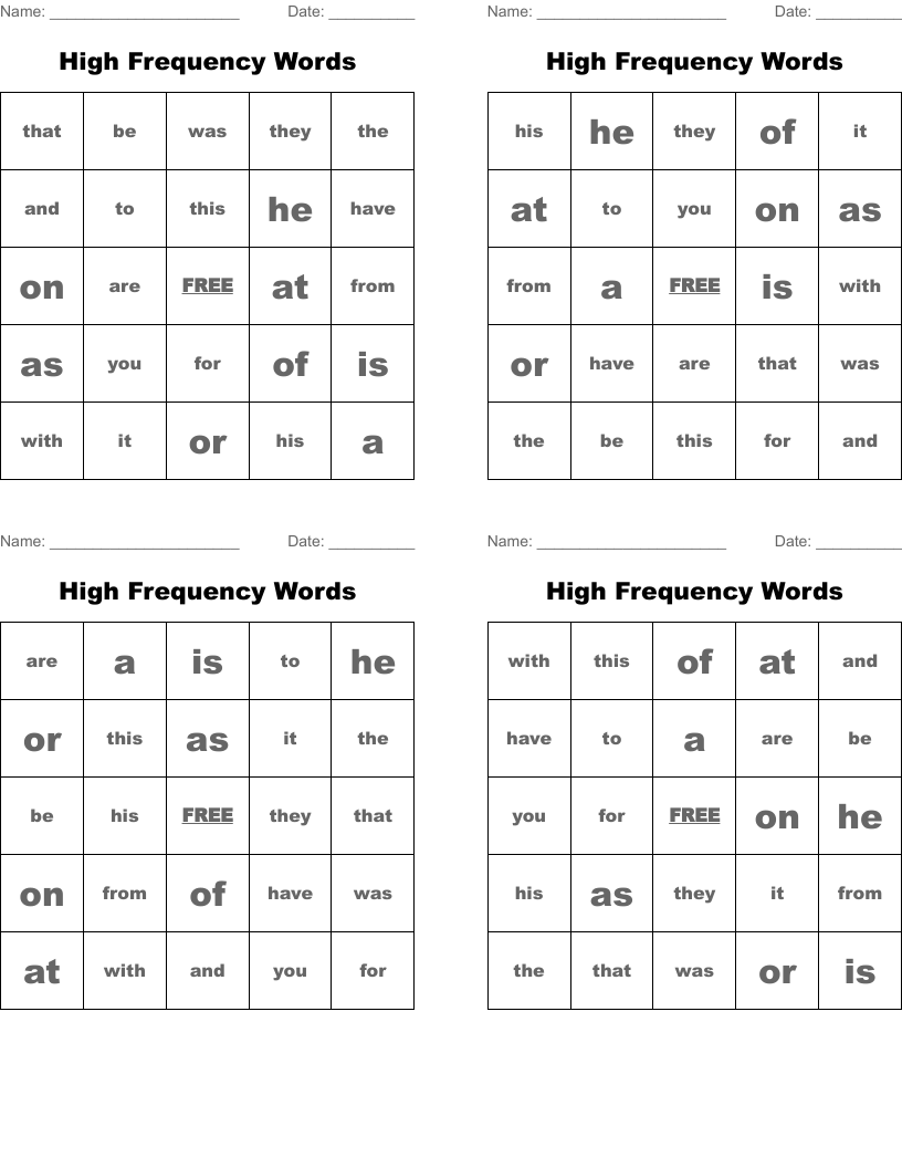 High Frequency Words Bingo Cards