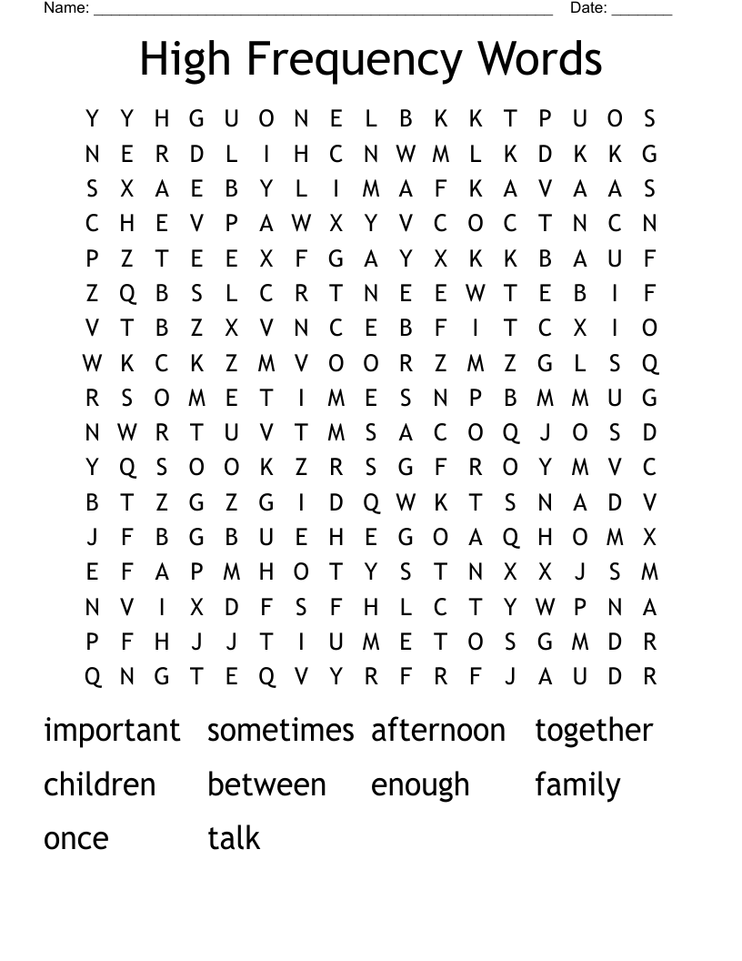 High Frequency Words Word Search