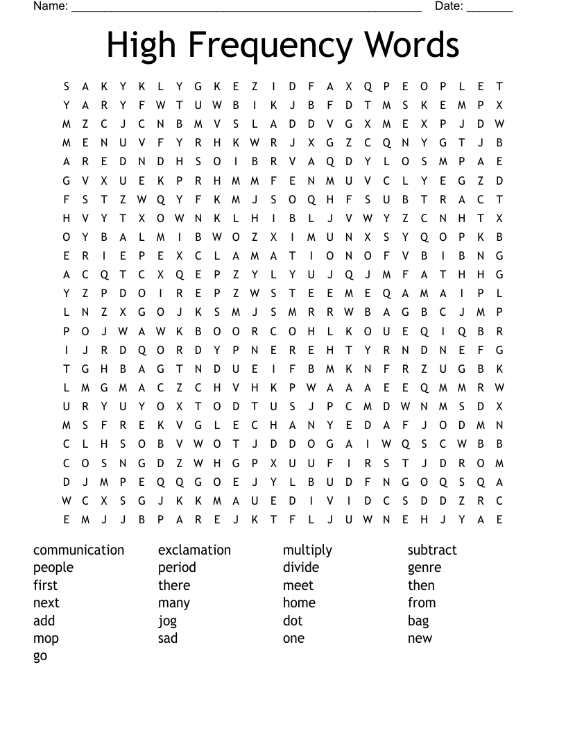 High Frequency Words Word Search