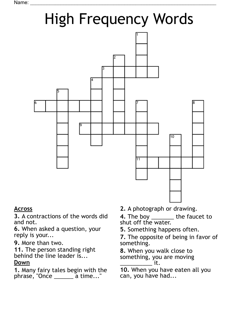 High Frequency Words Crossword