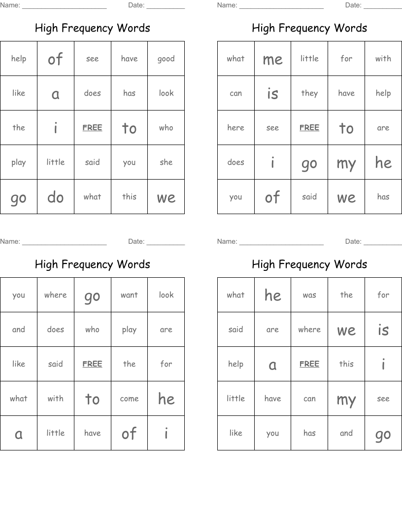 High Frequency Words Bingo Cards