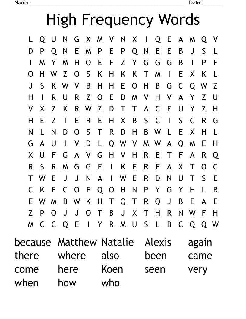 High Frequency Words Word Search