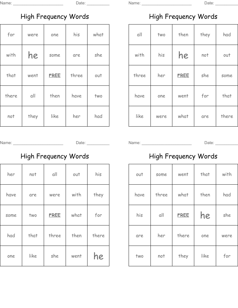 High Frequency Words Bingo Cards