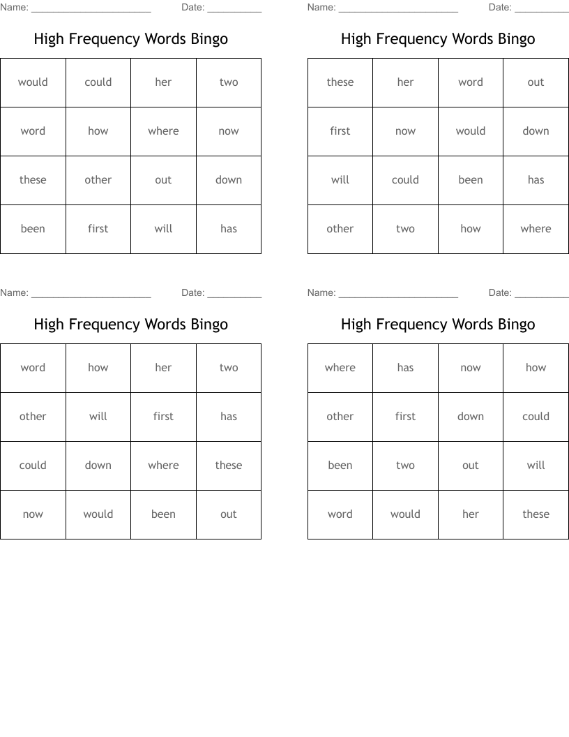 High Frequency Words Bingo