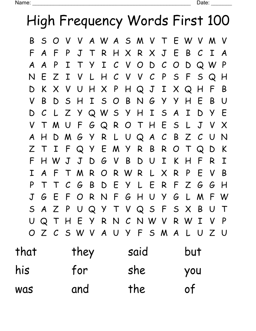 High Frequency Words First 100 Word Search