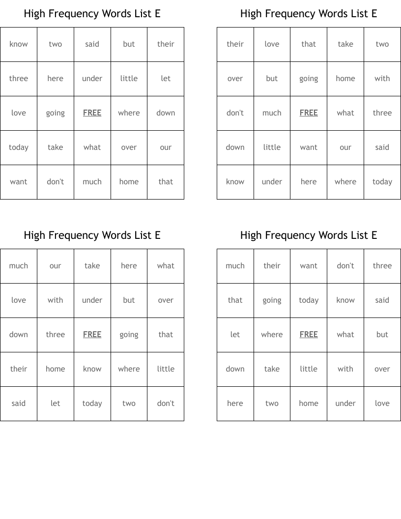 High Frequency Words List E Bingo Cards