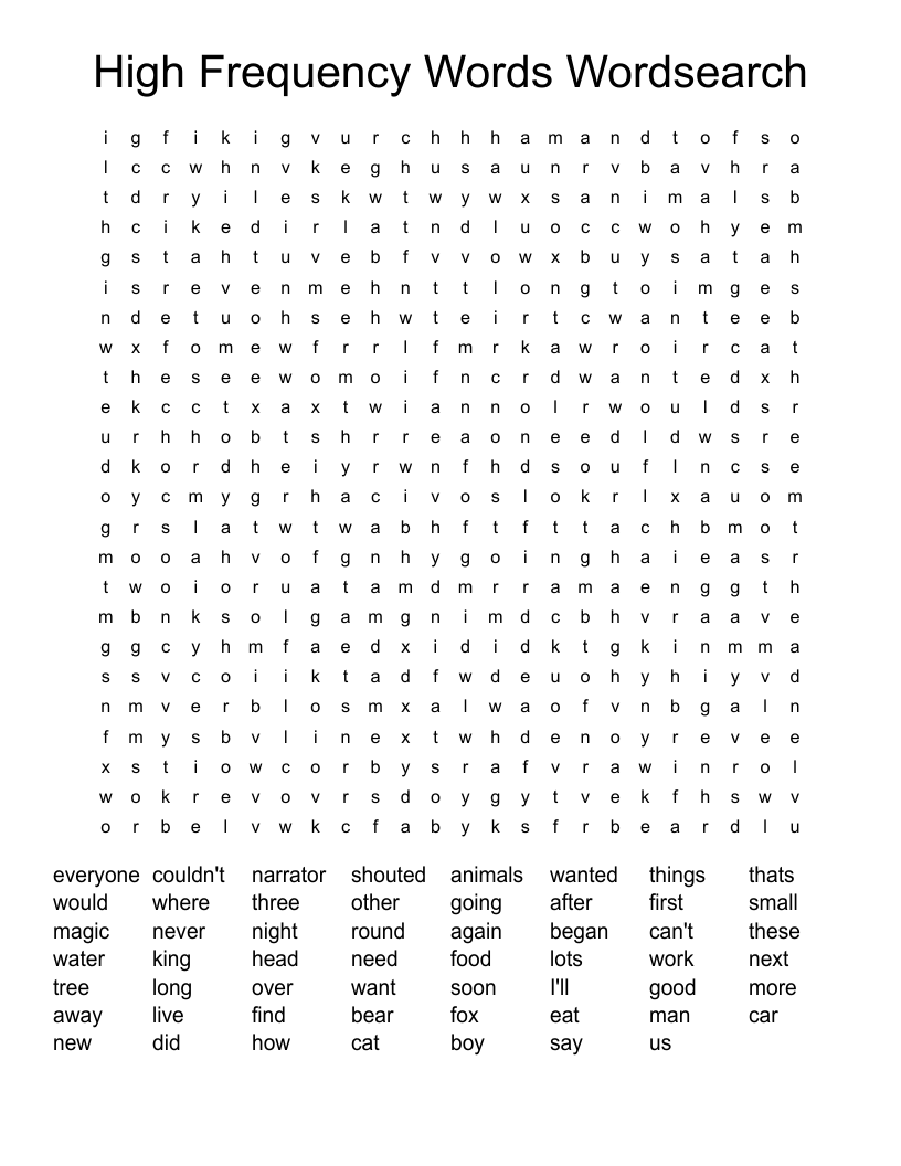 High Frequency Words Wordsearch