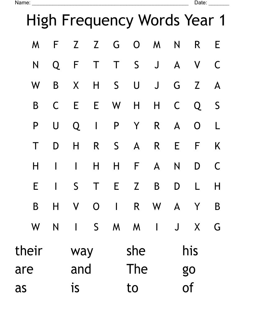 High Frequency Words Year 1 Word Search