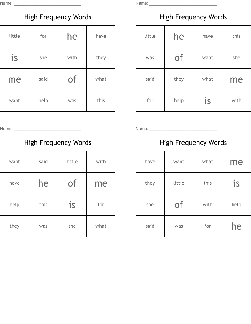 High Frequency Words  Bingo Cards