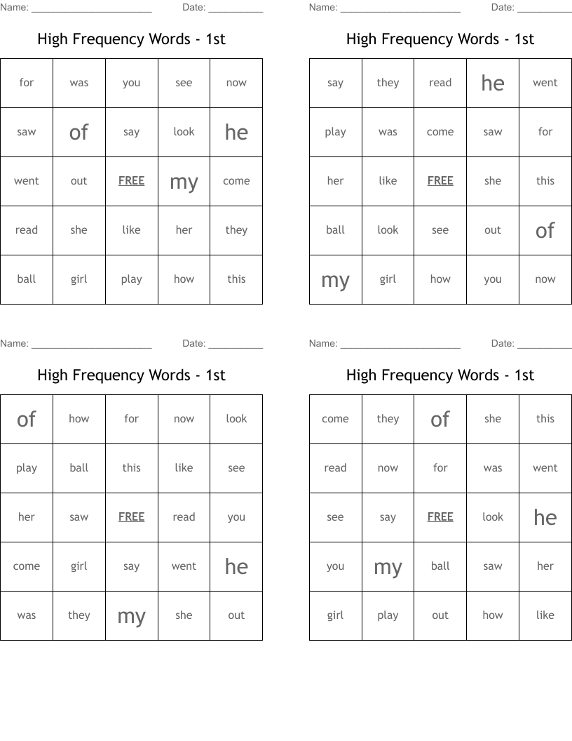 High Frequency Words  - 1st Bingo Cards