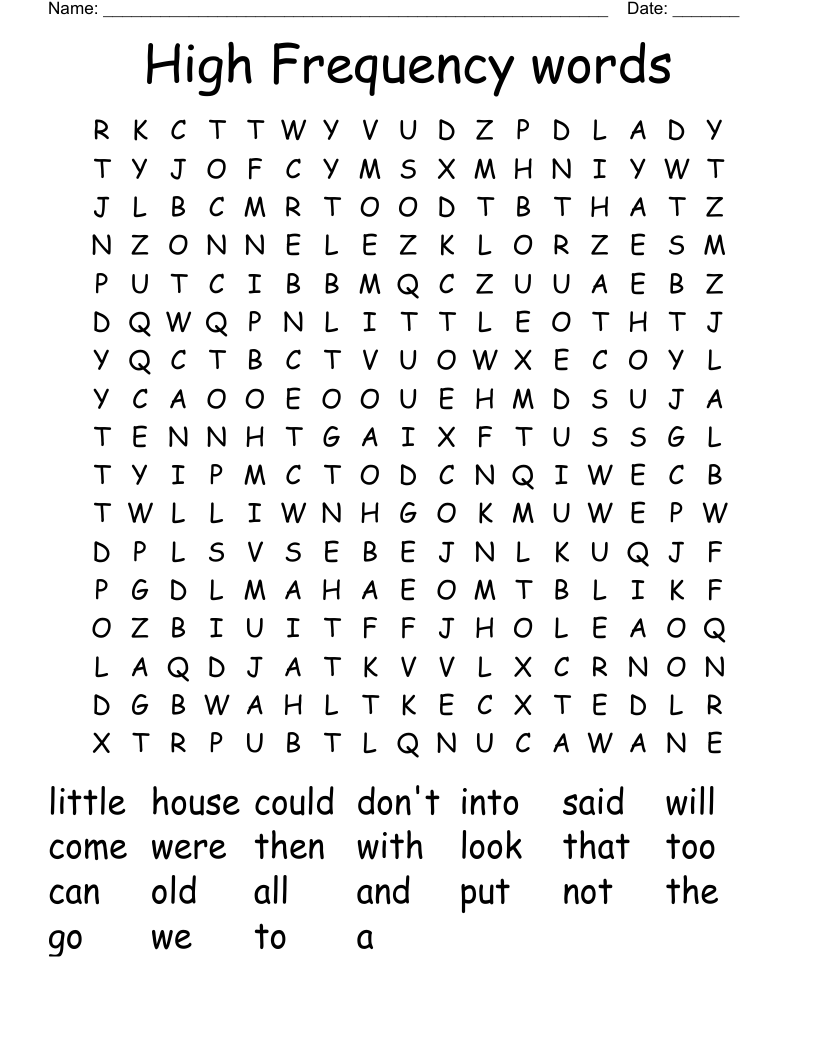 High Frequency words Word Search
