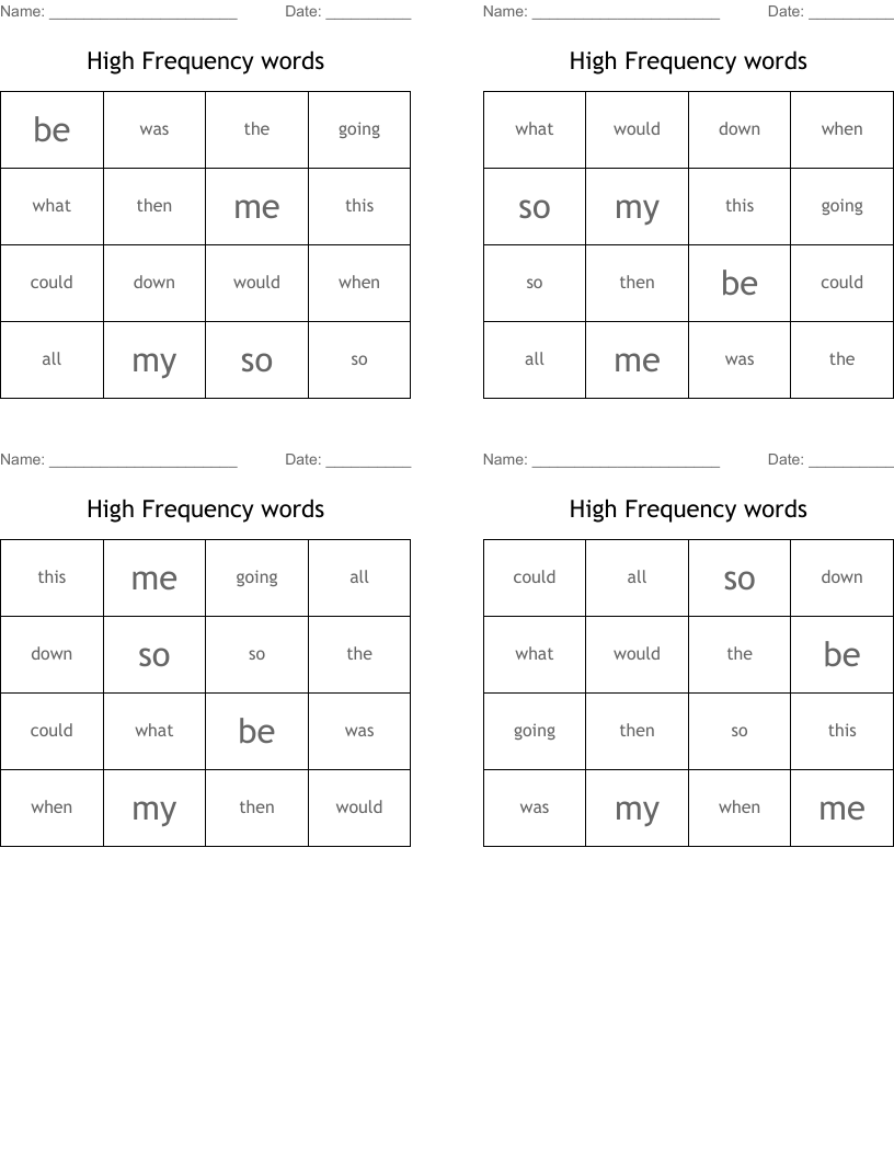High Frequency words Bingo Cards