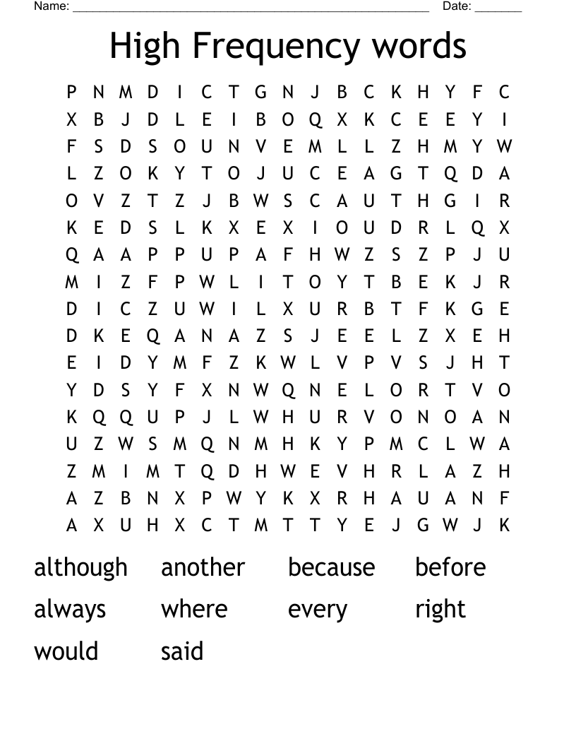 High Frequency words Word Search