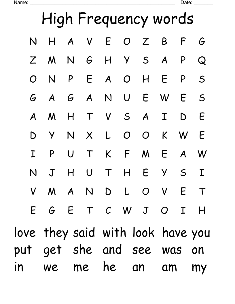 High Frequency words Word Search