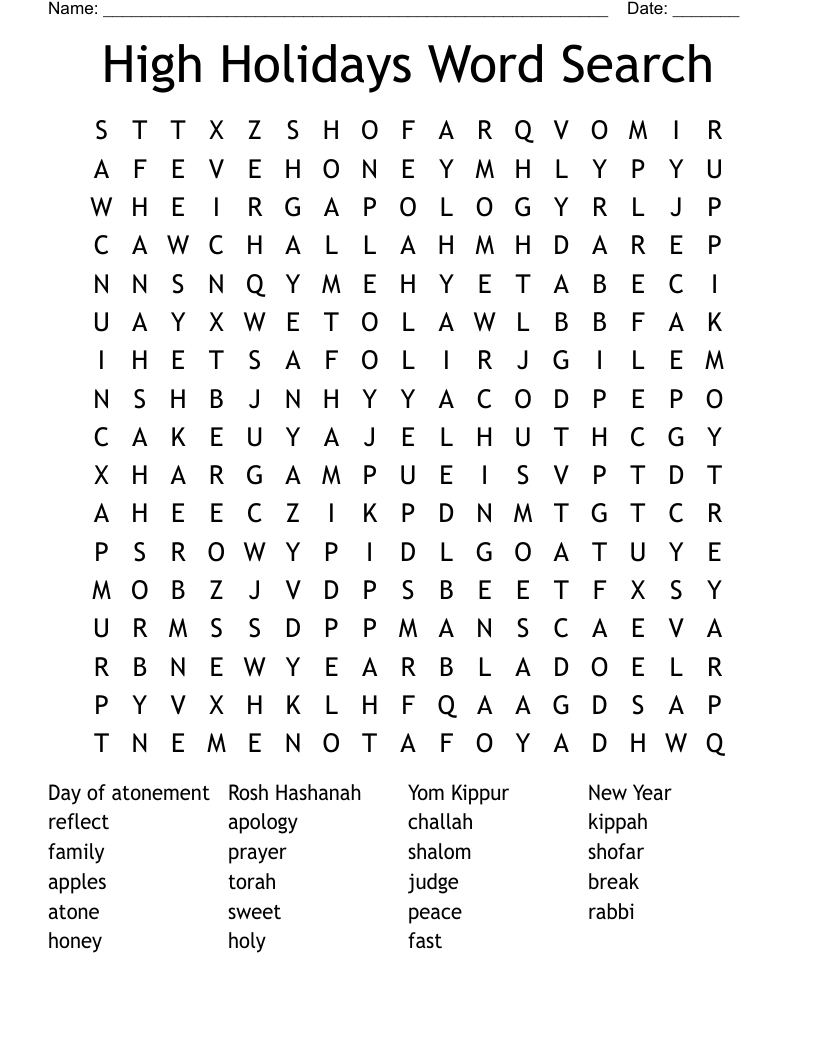 High Holidays Word Search