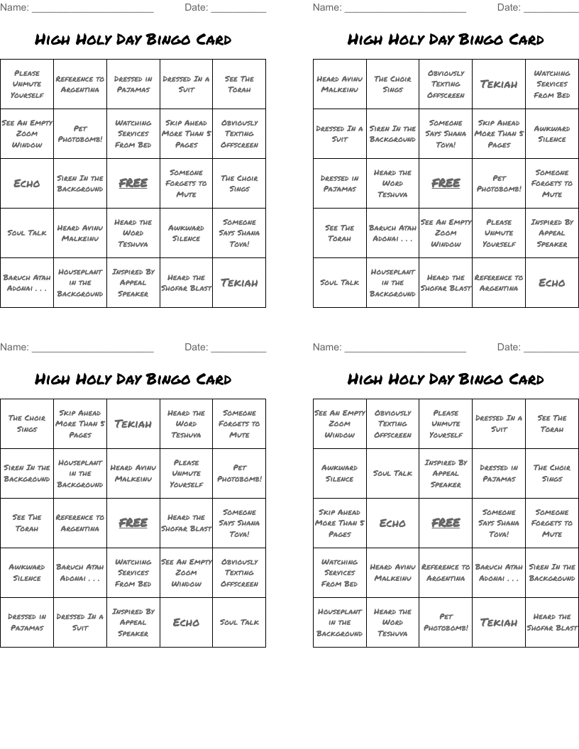High Holy Day Bingo Card 