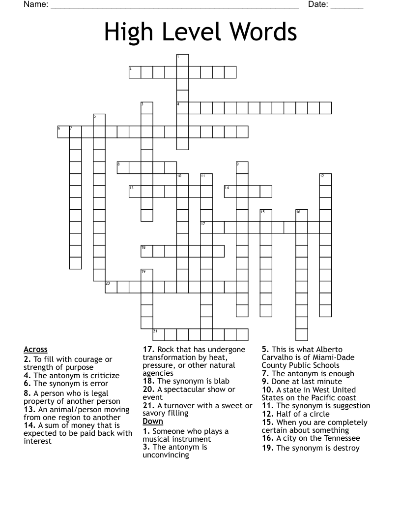 High Level Words Crossword