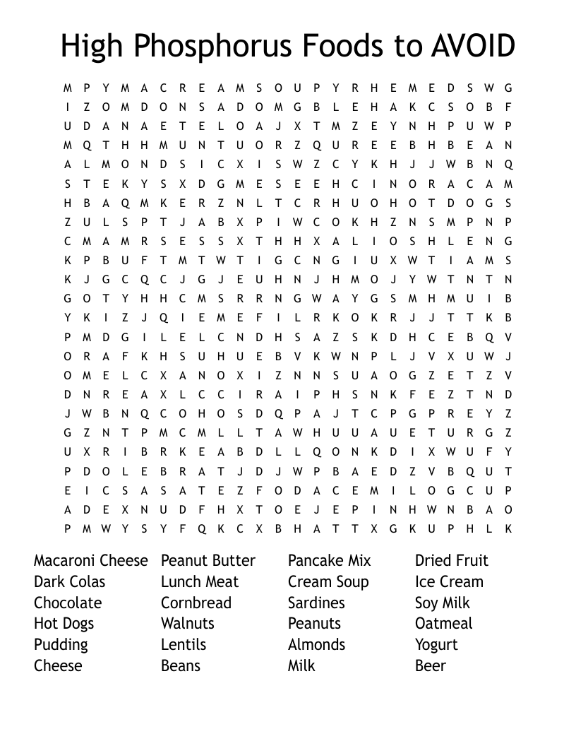 High Phosphorus Foods to AVOID Word Search