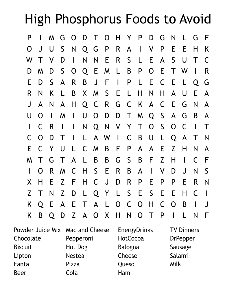 High Phosphorus Foods to Avoid Word Search