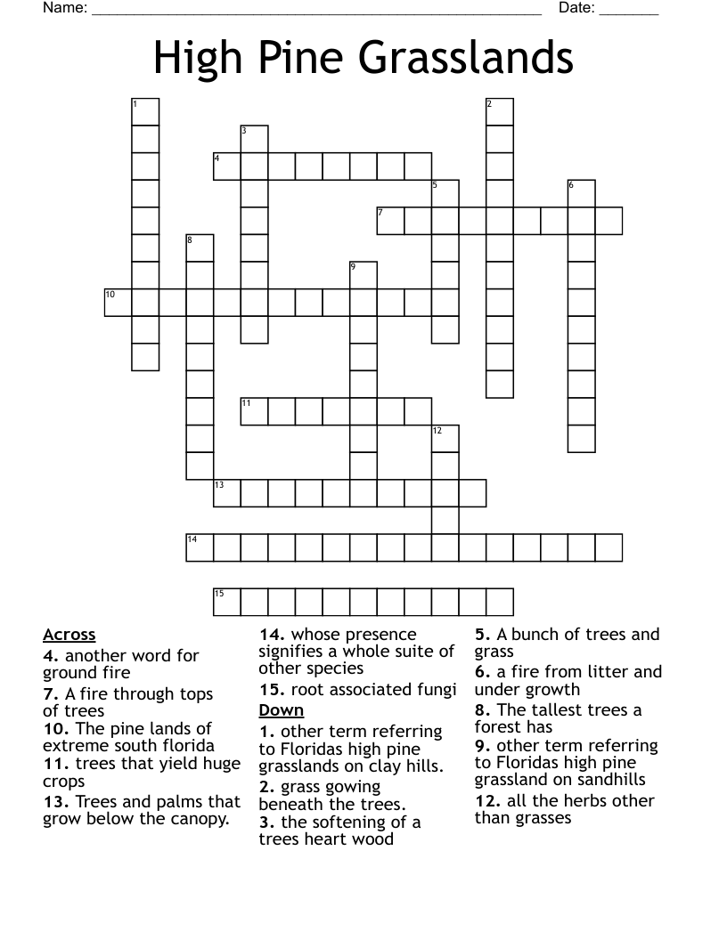 High Pine Grasslands Crossword