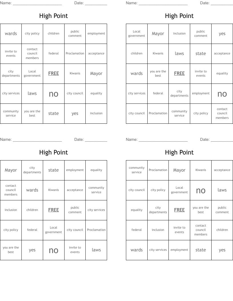 High Point Bingo Cards