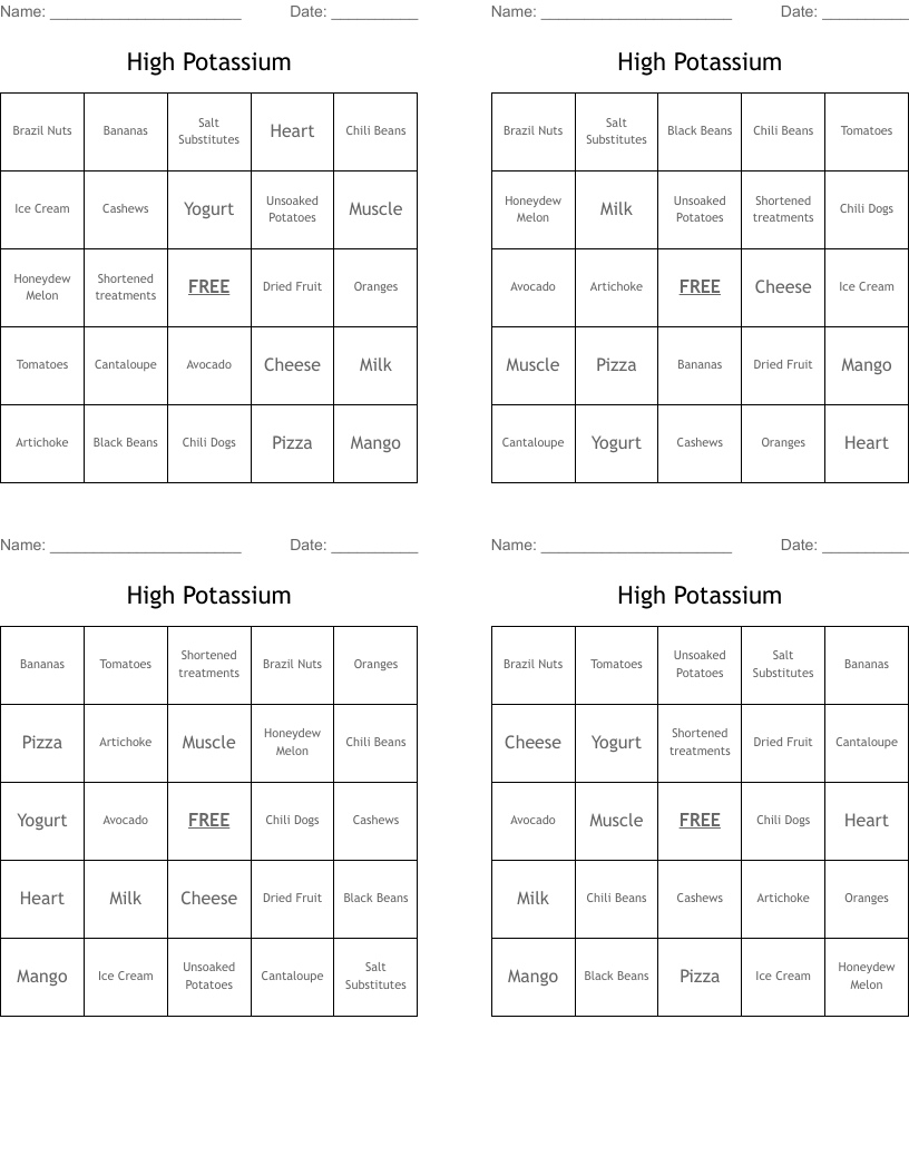 High Potassium Bingo Cards