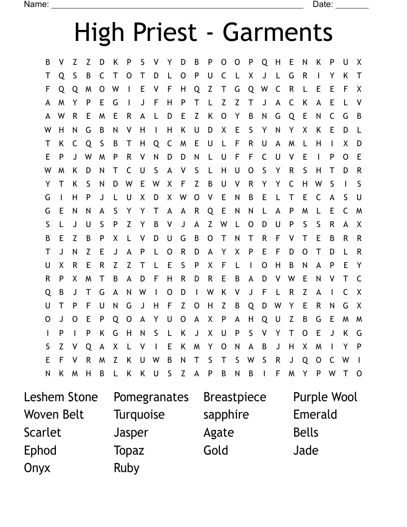 High Priest - Garments Word Search