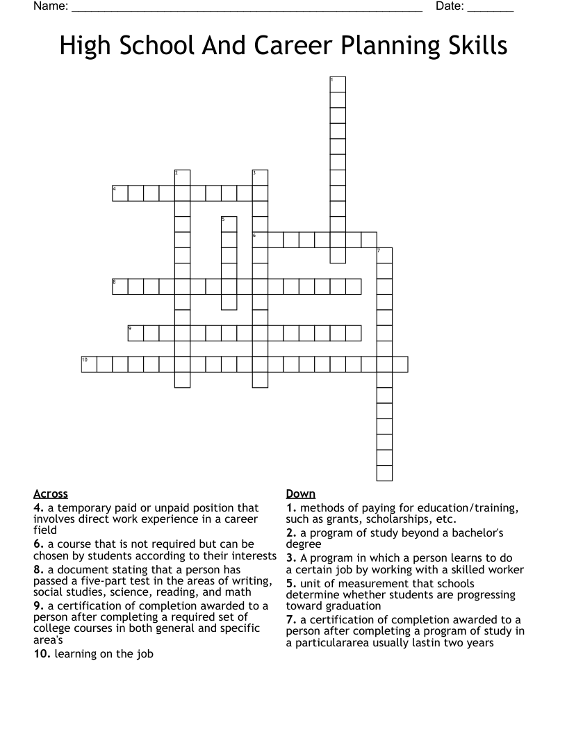 High School And Career Planning Skills Crossword
