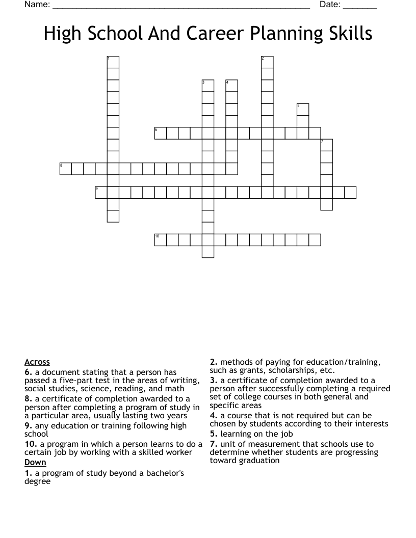 High School And Career Planning Skills Crossword
