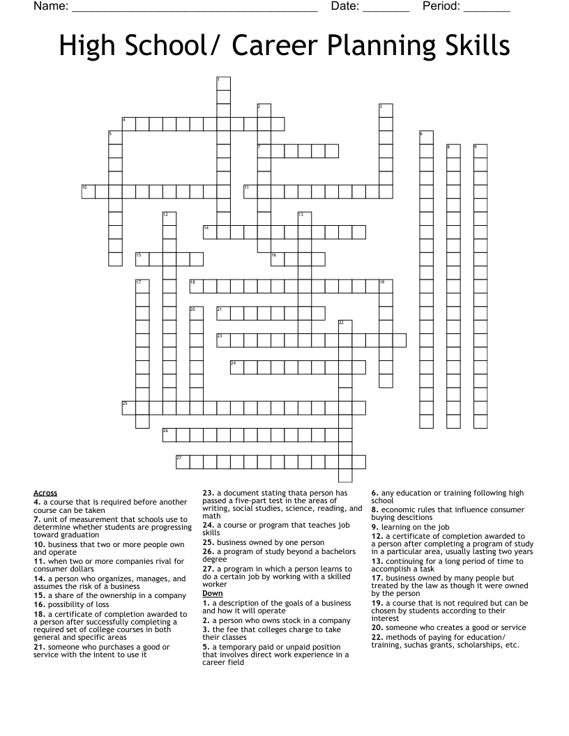 High School/ Career Planning Skills Crossword