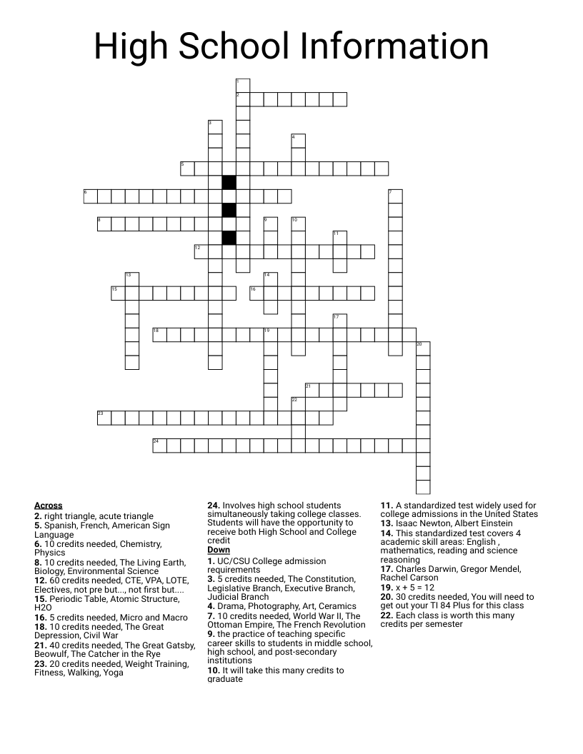 High School Information Crossword