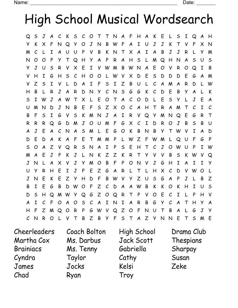 High School Musical Wordsearch