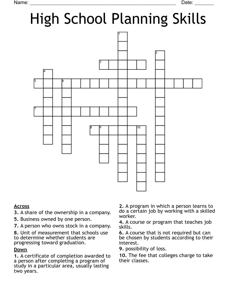 High School Planning Skills Crossword