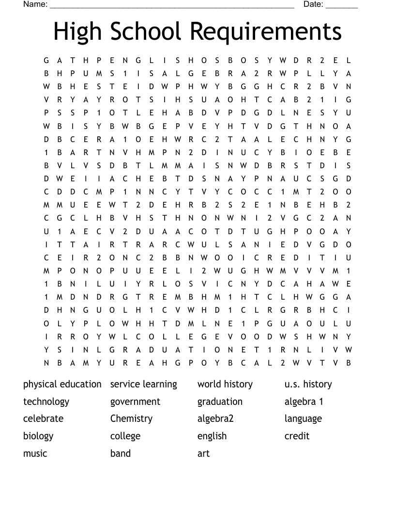 High School Requirements Word Search