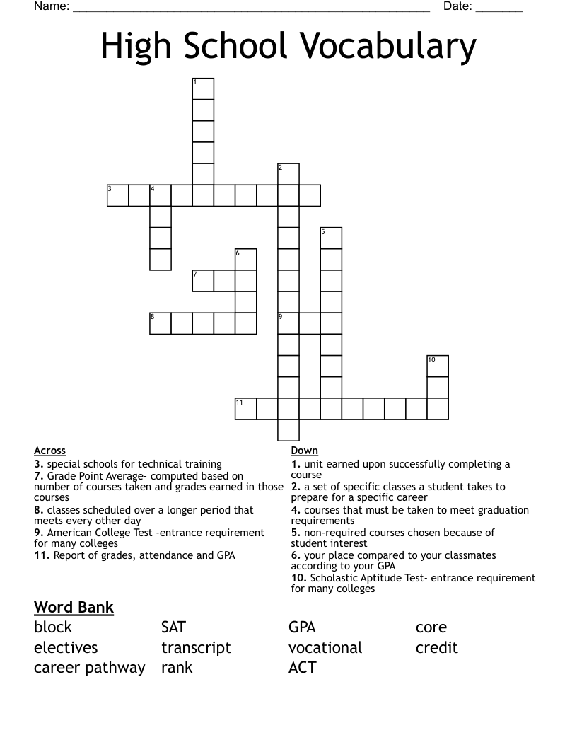 High School Vocabulary Crossword