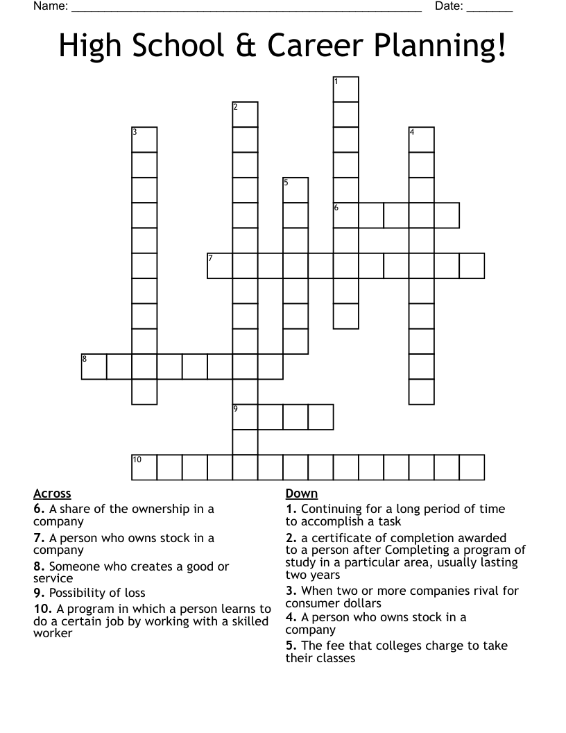 High School & Career Planning! Crossword