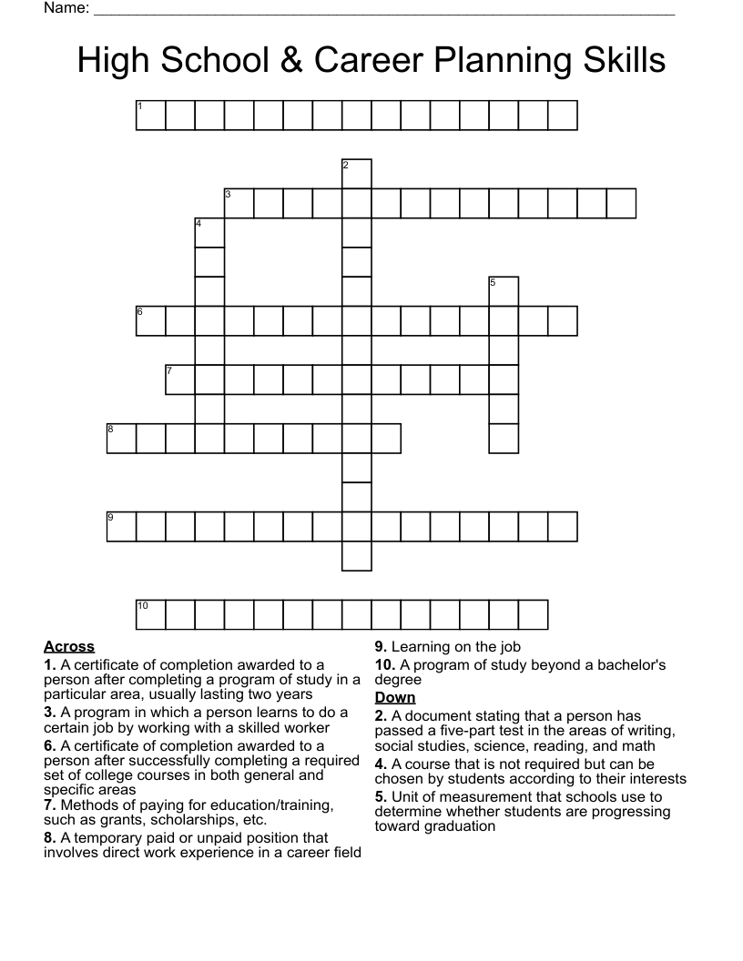High School & Career Planning Skills Crossword