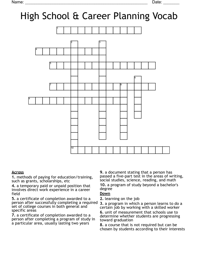 High School & Career Planning Vocab Crossword